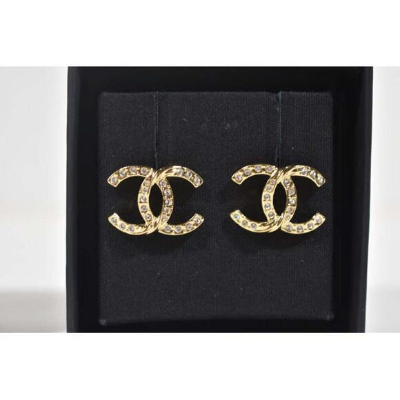 Chanel 23C Gold Crystal Interlocking CC Logo Classic Drop Statement Stud Earring - Picture 5 of 7